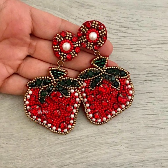 Strawberry Earring, Beaded Fruit Statement Earring, Lily Posh - Picture 1 of 2